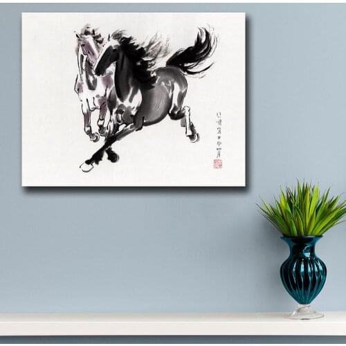 Fashion Xu Beihong double horse map wall art Canvas Painting For Living Room Home Decor Oil Painting Wall Art Picture