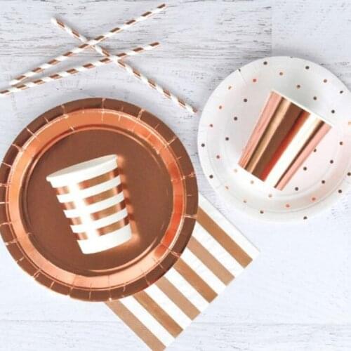 8pcs/set Birthday Rose Gold Party Paper Cups Plate Striped Disposable Tableware Set 21th 30th Birthday Party Decoration Adult