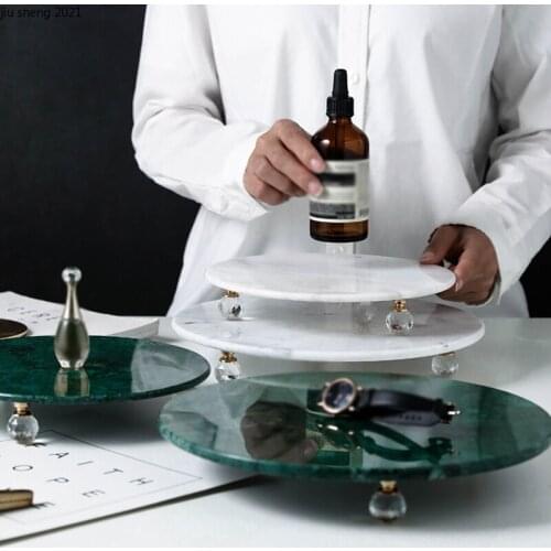 Nordic Marble Tray with Rhinestone Bottom Round Ceramic Fruit Snack Tray Cosmetic Jewelry Display Tray Home Tea Cup Food Storage