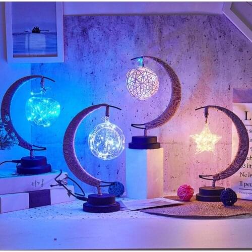 Novelty Moon Table Lamp LED Little Stars/Rattan Ball/apple Wrought Iron Night Light for Romantic Room Decoration Childrens Gift
