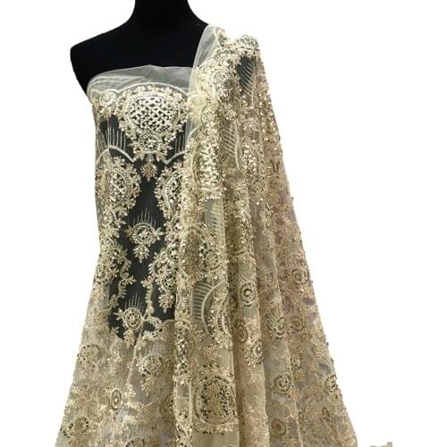 Indian George Sequence Embroidered Beaded Bridal Lace Fabric French Vintage High Quality Tulle Mesh for Nigerian Wedding Dresses