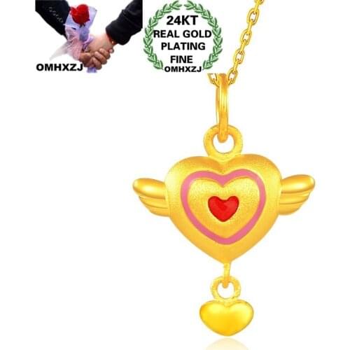 OMHXZJ Jewelry Wholesale CA398 European Fashion Fine Woman Girl Party Birthday Wedding Gift Heart Angel 24KT Gold Pendant Charm