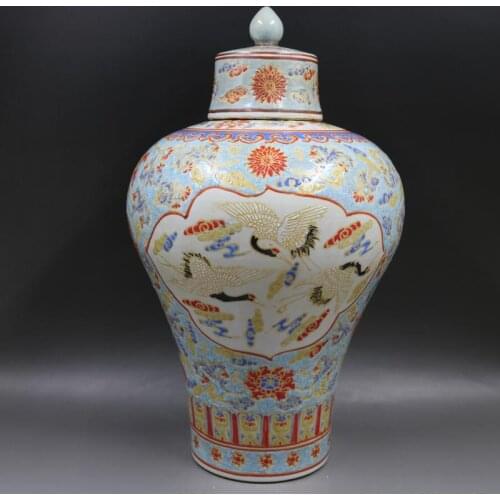 Qing Dynasty Qianlong Luminous Porcelain temple jar Pink Crane Pattern Vase Antique Crafts Home Decoration Porcelain Ginger jar