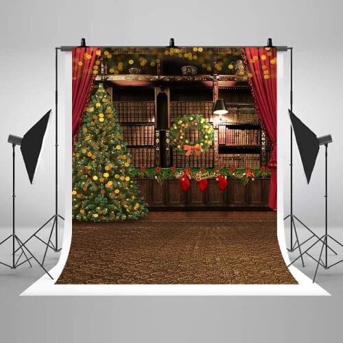 Christmas Backdrop for Photography Wood Bookshelf Vintage Photo Studio Background for Photobooth Christmas Portrait Photographic