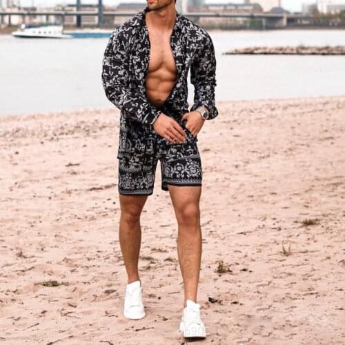 Fashion Men Sets Summer 2021 Lapel Print Long Sleeve Shirts Short Pants Casual Youth Slim Mens Beach Suit Trend Mens Clothing