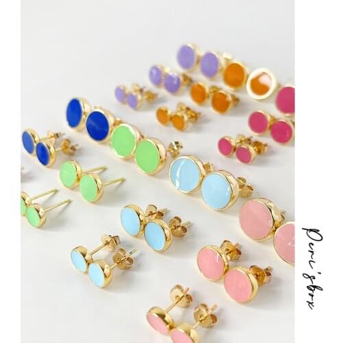 PerisBox Minimalist Candy Color Enamel Stud Earring Colorful Oil Drop Button Stud Earrings For Women Round Brass Jewelry