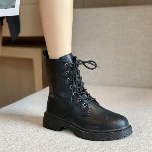 White Black PU Leather Ankle Boots Women Autumn Winter Round Toe Lace Up Shoes Woman Fashion Motorcycle Platform Botas