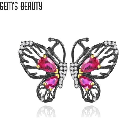 GEMS BEAUTY 925 Sterling Silver Butterfly Earrings For Women 2021 Pear Cut Lab Created Ruby Handmade Earrings Anniversary Gift