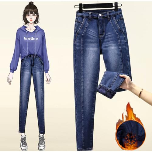 Women warm winter jeans velvet Thick splices jeans trousers high waist denim pencil pants stretch skinny jeans woman plus size