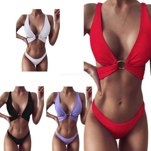 Women Sexy 2 Pieces Bikini Set V-Neck O-Ring Cross Bandage Bra Swimsuit Low Rise Thong Simple Solid Color Brazilian Bathing Drop