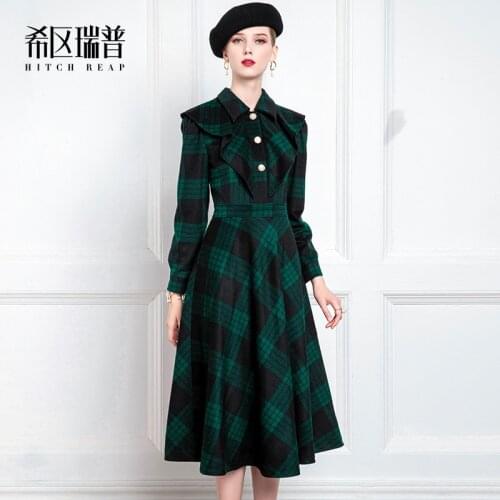High End Retro Celebrity Dress WomenS Autumn And Winter New French Hepburn Wool Temperament Green Plaid Umbrella Skirt