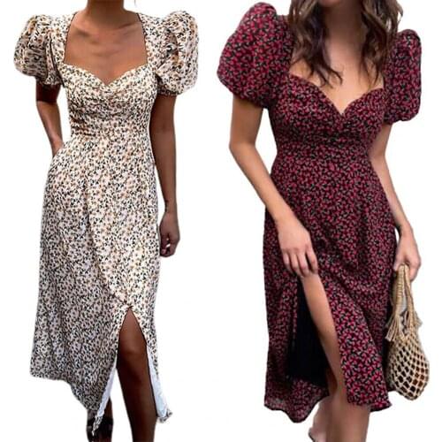 Summer Square Neck Dress Women Floral Print All Match Puff Short Sleeve Split Midi Sundress Vintage Elegant Floral Print Dress