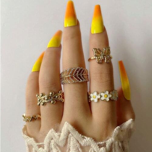 5 Pcs/Set Women Fashion Rings Set Gold Color Butterfly Leaf Flower Irregular Finger Ring Girl Cute Party Jewelry Gift