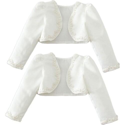 Baby Girls Satin Long Sleeve Bolero Shrug Handmade Imitation Pearl Beading Weddi