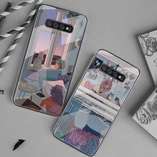 Japanese style Art Aesthetic Girl Cat Phone Case Tempered Glass For Samsung S20 Plus S7 S8 S9 S10 Plus Note 8 9 10 Plus