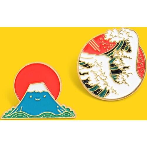 Japanese Style Enamel Pin Custom Ocean Wave Mount Fuji Brooch Badges Bag Shirt Lapel Pin Buckle Cartoon Jewelry Gift for Friends