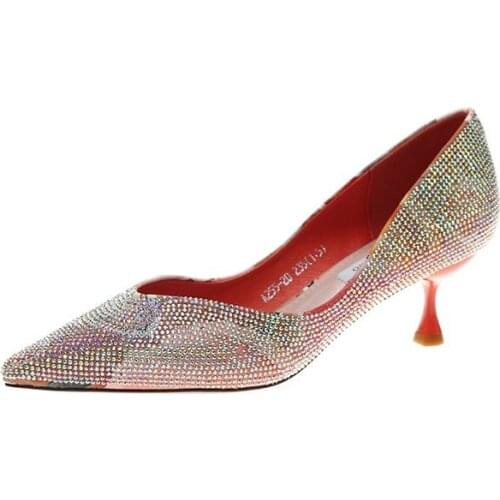 French Girl High Heel Womens Shoes Pointed Female 2019 Tide New Wild Fashion Rhinestone Shallow Mouth Single Shoes