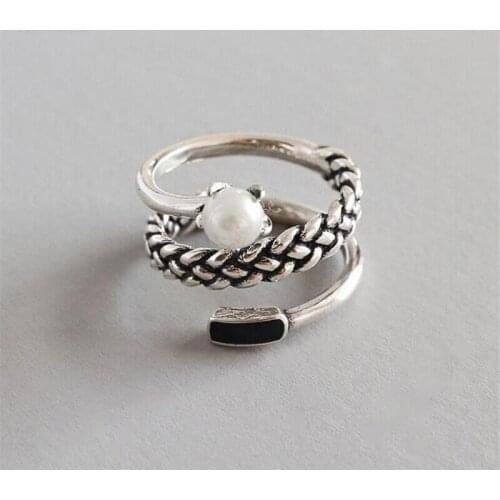 Punk Vintage Silver Color Layer Pearl Ring For Women Adjustable Size Finger Rings Trendy Jewelry 2020