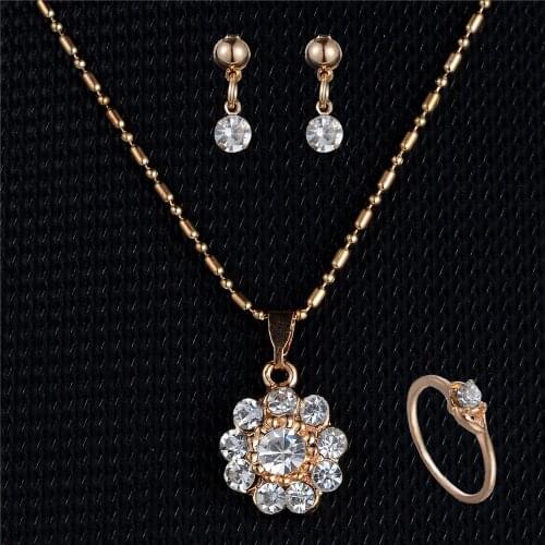 Rinhoo Delicate Sun flower Pendant Necklace Classic Fashion Engagement Jewelry Set Earring Ring Set For Women Wedding Party Gift