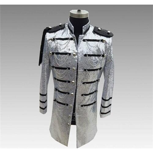 New Fashion Windbreaker For Men Nightclub DJ Singer Coat Stand Collar Mid-long Blazer Court Style Sequins Army Uniform host Magi