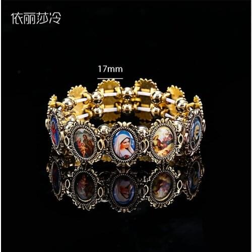 Oval Icon Catholic Rose Rosary Bracelet, Jesus St. Angel Mary Fashion Religious Jewelry Alloy Elastic Bracelet