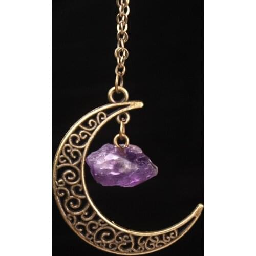 Vintage Galaxy Moon Crystal Crescent Purple Ancient Bronze Purple Pink Quartz Natural Stone Opal transparant Necklace Pendants
