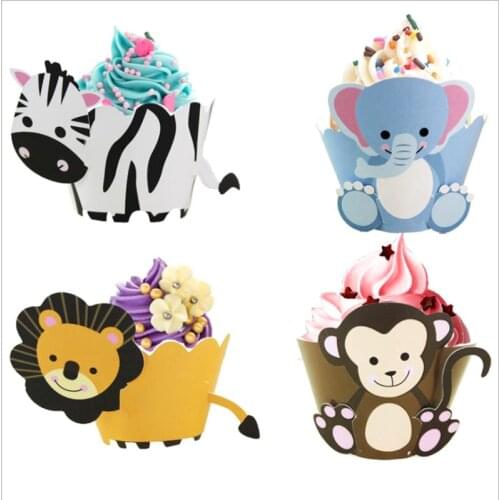 Zebra Elephan Lion Monkey Theme Wrappers Decoration Cupcake Toppers Cake Happy Birthday Party Boys Favors12PCS/lot