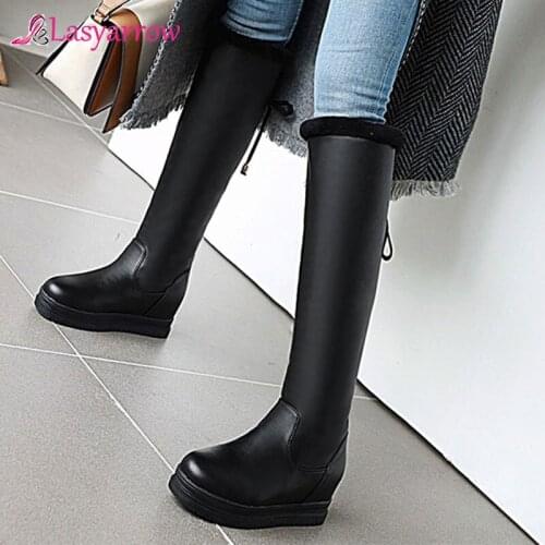 Lasyarrow 2020 new arrive fashion round toe platform women boots winter keep warm solid knee high boots big size 34-43 black