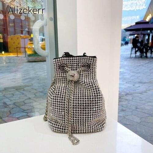 Diamonds Bucket Chain Shoulder Bags Women 2021 Luxury Designer Silver Crystal Rhinestones Purses And Handbags Top High Quality