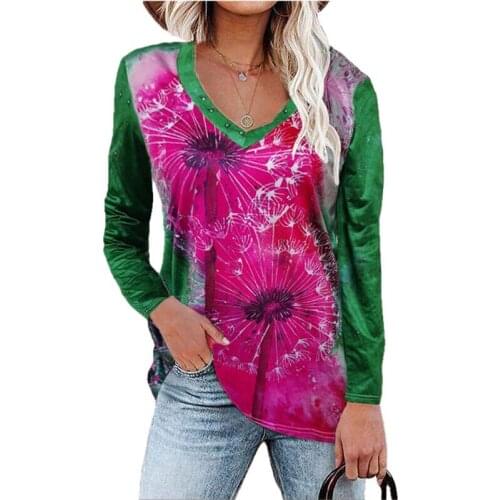 Autumn Women Fashion Dandelion Print Harajuku Tops Casual V-Neck Long Sleeve Elegant Pullover Tops Female Loose Patchwork Shirts
