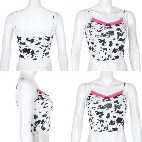 Women Spaghetti Strap Crop Top Milk Cow Print Colorblock Lace Patchwork Camisole Sexy V-Neck Backless Bow Sling Vest Harajuku