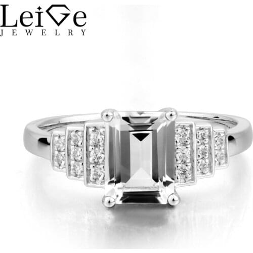Leige Jewelry Engagement Ring Natural White Topaz Ring November Birthstone Emerald Cut Gemstone Solid 925 Sterling Silver Ring