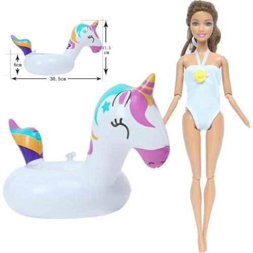 1 White Swimsuits + 1 Swimming Mini Lifebuoy Fantasy Horse Animal Shape Beach Bathing Accessories Clothes for Barbie Doll