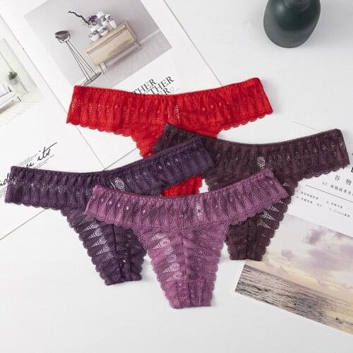 3Pcs/Lot Sexy Lace Thong Low Waist Lace Transparent Panties Women Hollow out Breathable G String Briefs Bow Underwear Lingerie