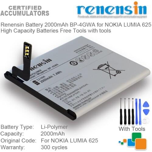 Renensin Battery 2000mAh BP-4GWA for NOKIA LUMIA 625 High Capacity Batteries Free Tools with tools