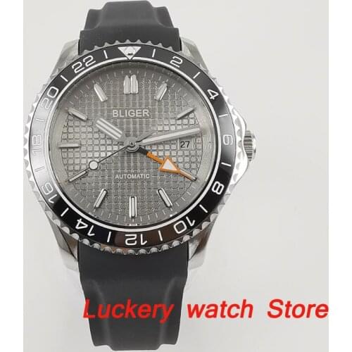 Bliger 41mm luxury GMT watch gray dial saphire glass;Rubber strap spin bezel GMT Automatic movement mens watches