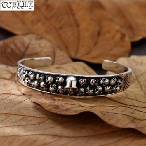 100% 925 Silver Skull Bracelet 925 Sterling Skeleton Bangle Pure Silver Hiphop Punk Cuff Bracelet