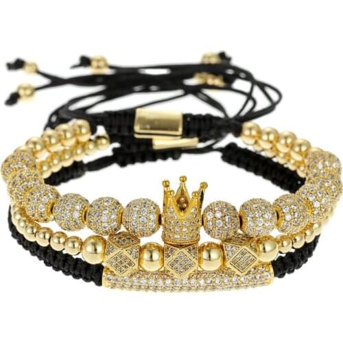 3 pieces charm crown ball rhombic paved cz crystal beaded bracelet with copper beads adjustable for woman elegant jewelry