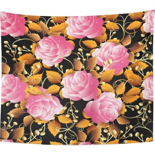 Black Abstract Roses Floral with 3D Pink Flowers Gold Leaves and Ornaments Flowery Flourish Antique Home Decor Tapestry