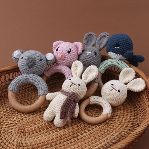 Baby Pacifier Rattle Wooden Dophin Hand Grip Shaking Toys Safe Braided Teething Ring for Baby Boys Girls Baby Shower