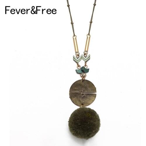 Fever&Free Unique Green Pompom Necklace Ethnic Bohemian Long Chain Bronze Vintage Necklace Pendant Women Jewelry Wholesale Gifts