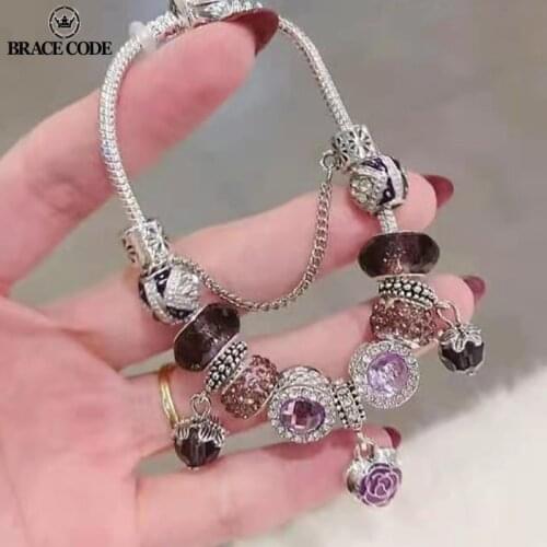 Purple Charm Rose Flower Pendant Bracelet DIY Crystal Bead Beaded Bracelet Women Bracelet Jewelry