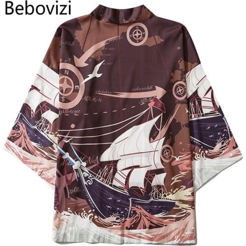 Bebovizi Sailboat Waves Japanese Style Anime Kimono Haori Men Women Cardigan Traditional Japanese Clothing Asian Clothes