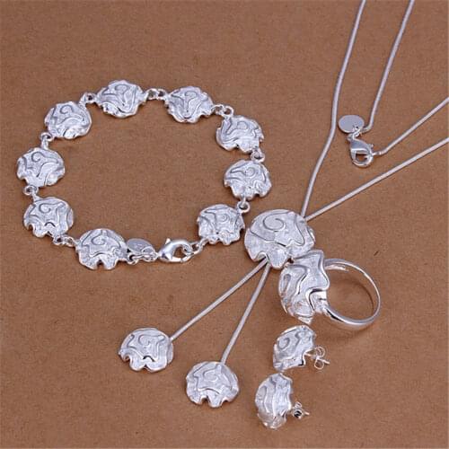 Hot charm 925 sterling Silver Jewelry set rose flower rings Bracelet necklace earring stud for women fashion Party wedding gifts