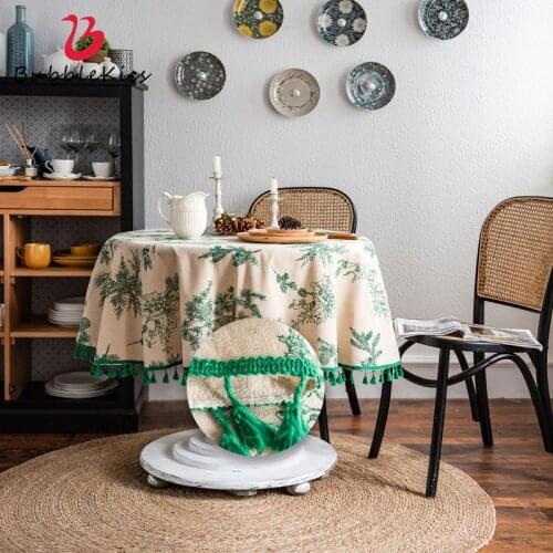 Bubble Kiss Round 150cm Table Cloth Restaurant Cotton Green Pine Tree Printed Tablecloth Dustproof Table Cover Home Decoration