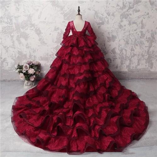 Multi-Layer Girls Pageant Gowns Dark Red Lace Long Sleeves Appliques Beads Flower Girl Dresses For Wedding