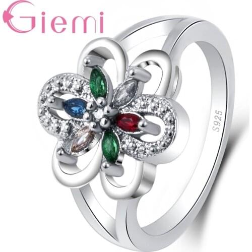 Fashion 925 Sterling Silver Colorful Flower CZ Rings Hollow Blossom Jewelry For Women Party Jewelry Gifts