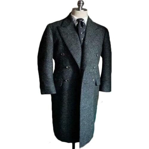 Herringbone Men Suits Black Wool Thick Fashion Custom Made Long Men Coat Winter Lapel Fashion Business Jacket Cheap