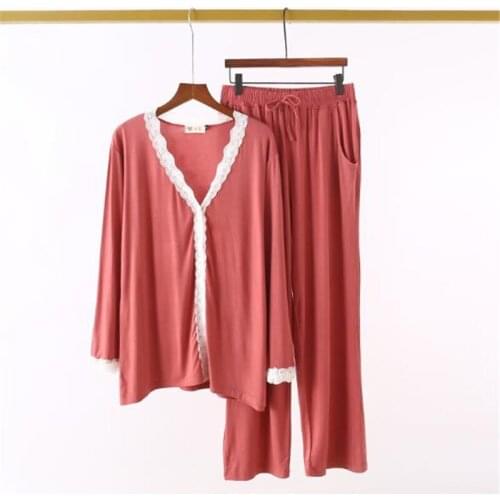 Pyjama Set Casual ModalWomens Pijamas V-neck Lace Cardigan Trousers Home Wear Two-piece Pajamas Suitautumn Winter Large Size