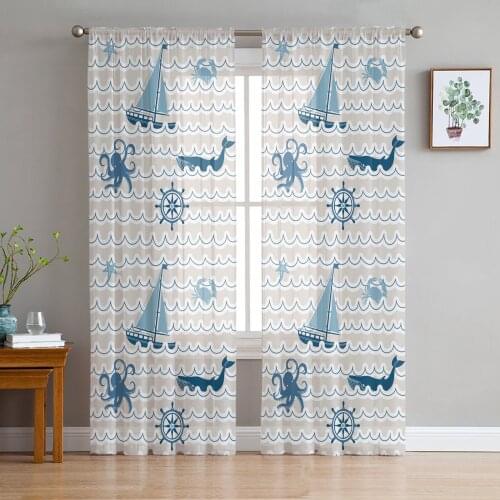 Wave Sailing Octopus And Whale Sheer Curtains for Living Room Modern Voile Curtain Bedroom Tulle Curtains Window Drapes Decor
